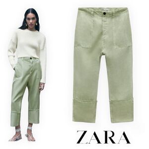 ZARA | Sea Green | LINEN BLEND TURNED UP CUFF PANTS